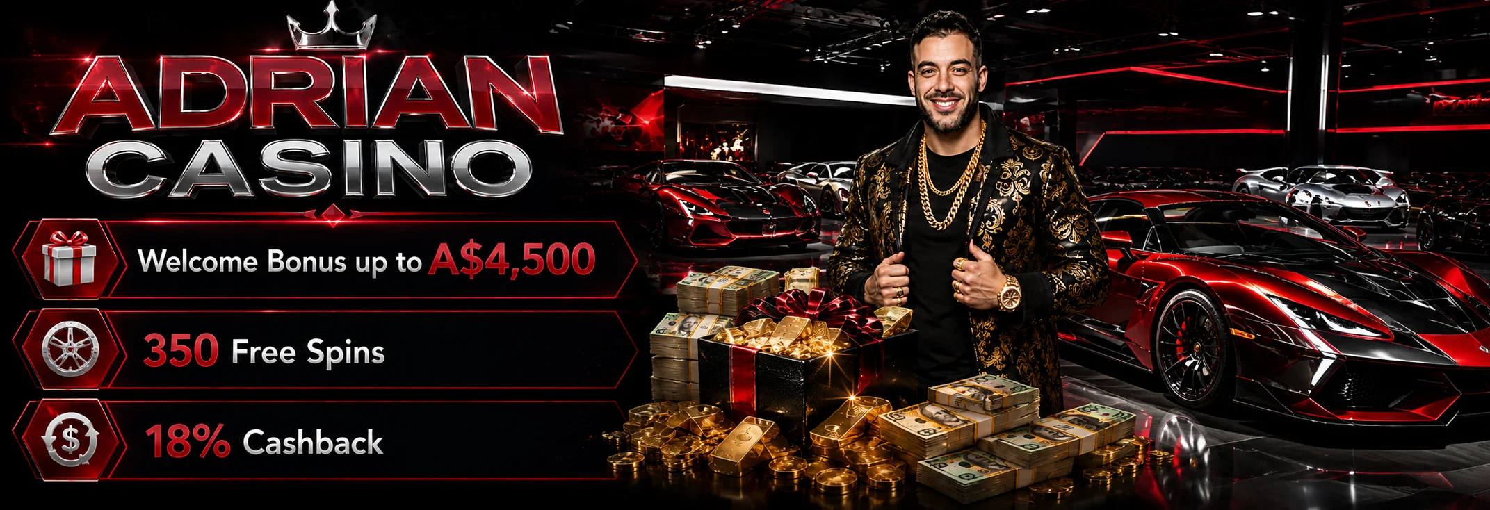 Welcome package of A$4,500 and 350 free spins at Adrian Casino, set against the crimson steel of the show hall